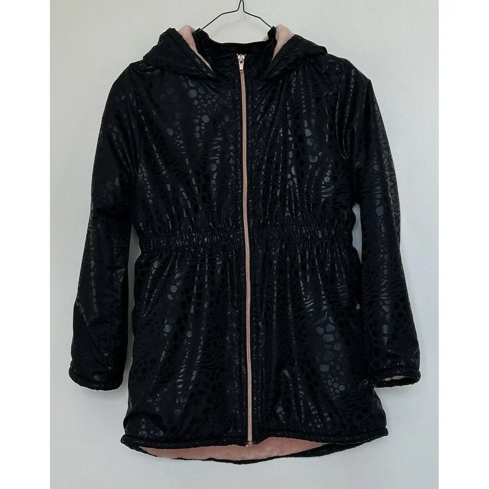 NWOT Penelope Mack Girls Hooded Puffer Jacket, Size 10, Black/Pink Animal Print